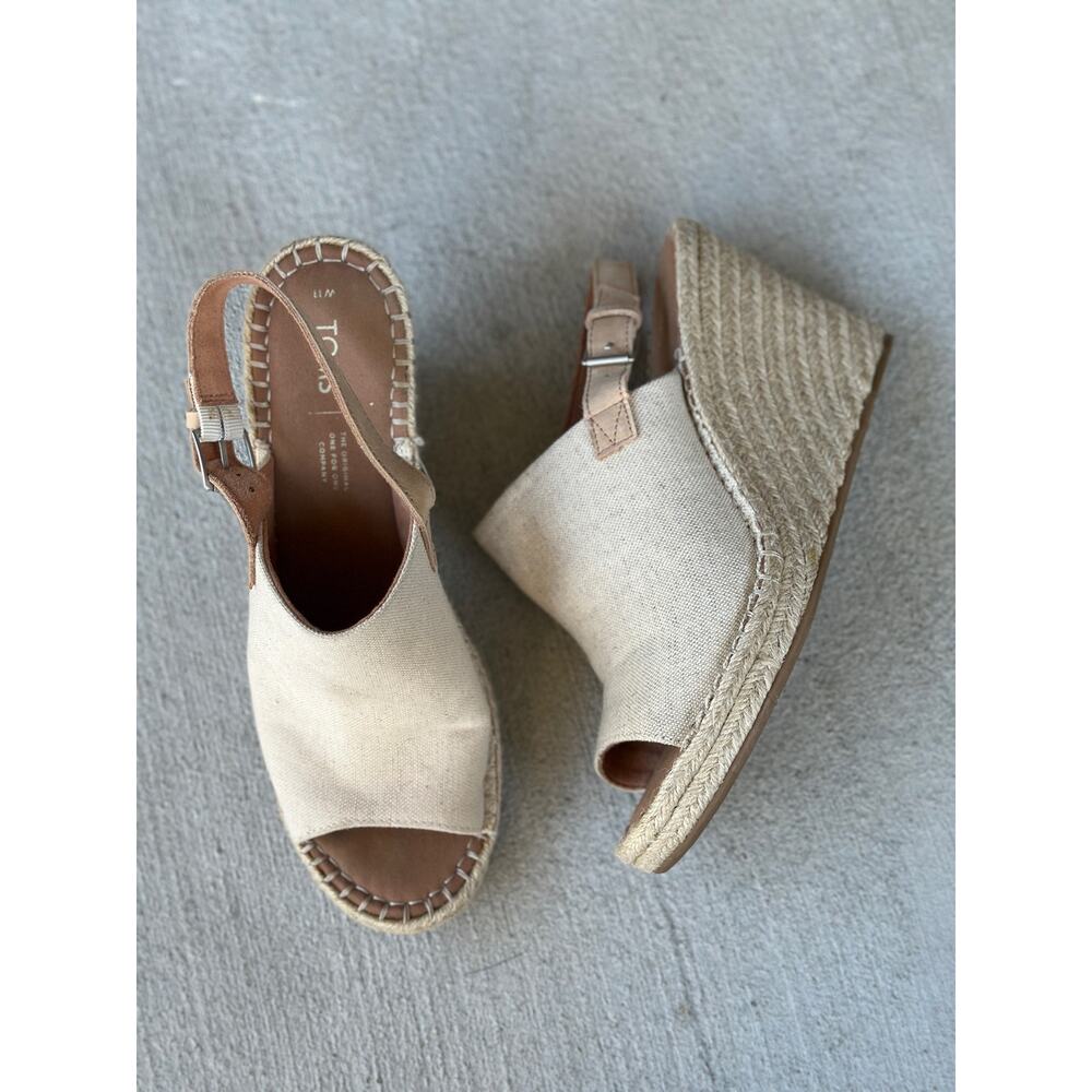 Toms Beige Monica Wedge Heeled Espadrille Sandals Women’s 11 Canvas Beach Boho - Picture 2 of 10